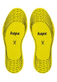 Yellow insoles with a perforated texture. Features size markings in black, including EU, UK, and US sizes, and a scissor icon for trimming.