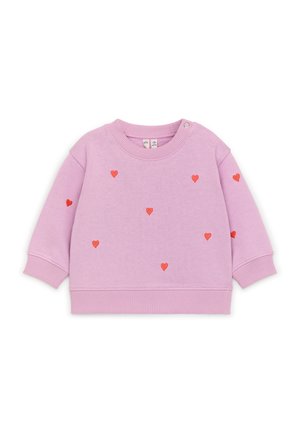 Sudadera para bebé de manga larga en color lila con puños y bajo acanalados, decorada con pequeños estampados dispersos de corazones rojos y botones a presión en el hombro.