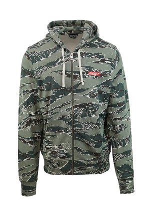 Zip-up hoodie met een groen en zwart tijger camouflagemotief, witte koordjes en een klein rood Diesel-logo op de linkerborst.