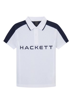 Polo blanc avec épaules et bordure de col bleu marine, deux boutons, et logo "HACKETT" en lettres bleu marine sur la poitrine.