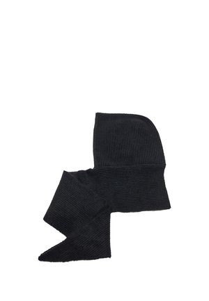 Écharpe cagoule noire en tricot avec texture côtelée, conçue pour couvrir la tête, le cou et le bas du visage pour la chaleur.