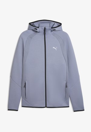 Sweat à capuche zippé bleu clair avec bordures noires, panneaux latéraux en mesh, poches zippées à l'avant et logo Puma blanc sur la poitrine.