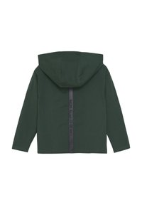Grüne Kapuzenjacke mit einem rückseitigen Design, das einen dunklen Streifen mit dem Aufdruck "EXPLORE" zeigt. Hergestellt aus weichem, strukturiertem Stoff. Lange Ärmel.