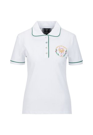 Polo à manches courtes blanc avec bordure verte, patte de boutonnage et logo brodé "Circolo di Tennis Portofino" avec des raquettes de tennis et un motif floral.