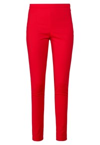 Červené elastické kalhoty s hladkým povrchem, slim fit a rovním pružným pasem, s dvěma předními kapsami a minimálními švy.