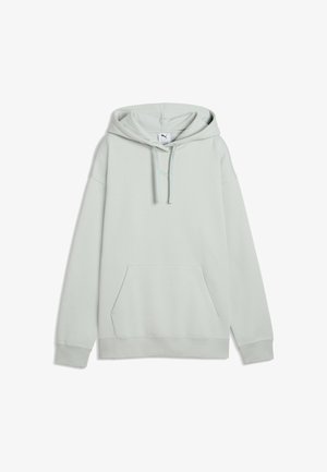 Jasnoszara bluza z kapturem z przednią kieszenią, sznurkami, długimi rękawami oraz małym, subtelnym logo Puma na piersi.