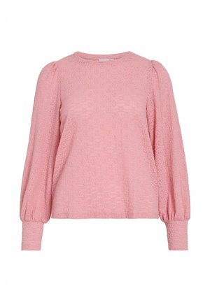 Rosa långärmad topp med ett strukturerat mönster, rund halsringning och rynkade puffärmar, tillverkad av ett lätt och andningsbart tyg.