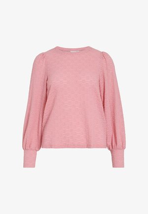 Różowa bluzka z długim rękawem o teksturowanym wzorze, okrągłym dekolcie i zgromadzonych puffowanych rękawach, wykonana z lekkiego, oddychającego materiału.