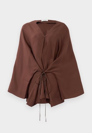 Brown V-neck oversized jacket with wide sleeves and front tie detailing, loose fit, displayed against a white background.