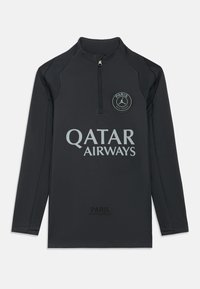 Svart sportsgenser med lange ermer og glidelåskrage, med "PARIS"-logo og "QATAR AIRWAYS" i sølv. Glatt, lett stoff.