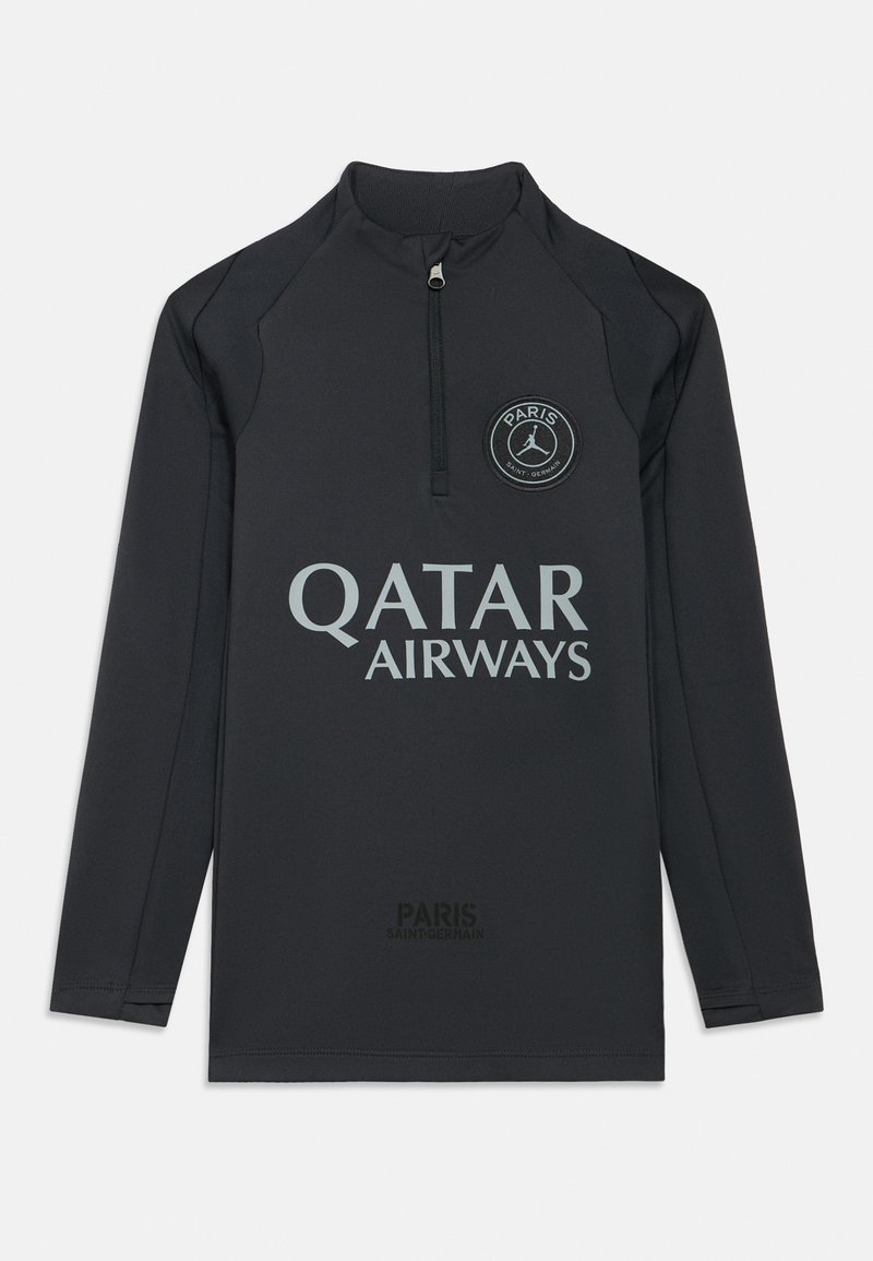 Svart sportsgenser med lange ermer og glidelåskrage, med "PARIS"-logo og "QATAR AIRWAYS" i sølv. Glatt, lett stoff.