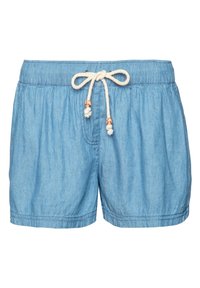 Vaaleansiniset farkkushortsit, joissa on joustava vyötärö, nyörikiinnitys ja koristehelmiä. Pehmeä materiaali ja rento leikkaus.