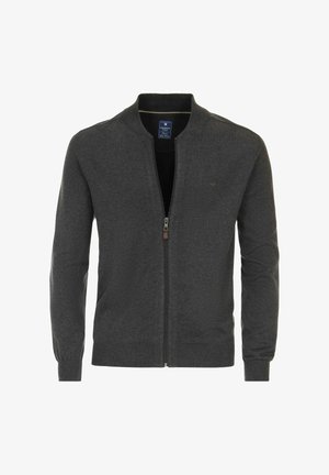 Gray zip-up sweater with a stand-up collar, ribbed cuffs, and hem. Made of soft fabric, features a small logo on the chest.