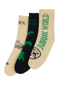 Drei Paar Socken: beige mit schwarzem Text, schwarz mit grünem Dinosauriergrafik und beige mit grünem "Jurassic World"-Text. Baumwollmischung, Crew-Länge.