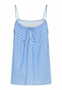 Lys blå blomstret camisole med tynde stropper, samlet halsudskæring og en bindedetail i midten. Fremstillet af blødt stof med en løs pasform.