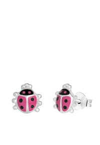 Roze en zwarte lieveheersbeestje oorbellen met accenten van zilverkleurig metaal, met gedetailleerde stippen en een gladde emaille afwerking. Stud-stijl ontwerp.