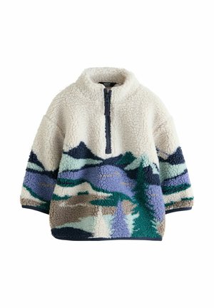Kids’ white fleece pullover with forest and mountain pattern, half zipper front, and long sleeves.