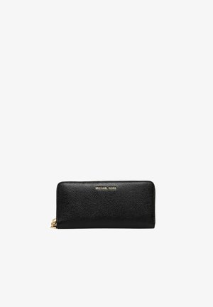 Portefeuille Michael Kors en cuir noir texturé avec fermeture éclair tout autour, logo et tirette de fermeture éclair couleur or sur fond blanc.