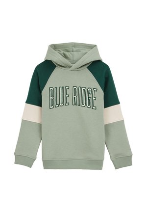 Bluza z kapturem w jasnym zielonym kolorze z ciemnozielonymi rękawami raglanowymi i kremowymi akcentami. Posiada wyhaftowany napis "BLUE RIDGE" w ciemnozielonym kolorze.