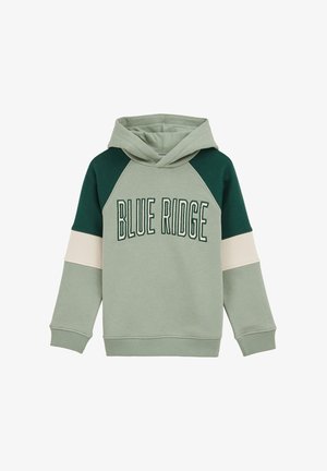Sudadera con capucha en verde claro con mangas raglán en verde oscuro y acentos en crema. Presenta el texto "BLUE RIDGE" bordado en verde oscuro.
