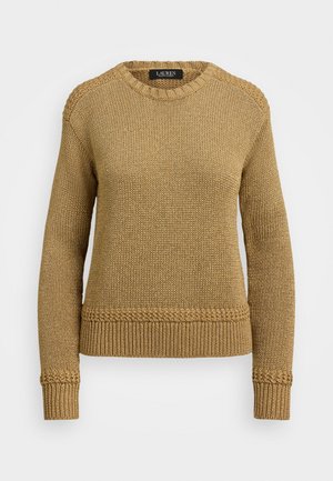 Brauner Strickpullover mit Rundhalsausschnitt, gerippten Bündchen und Saum. Verfügt über strukturierte Akzente entlang der Schultern und des Saums.