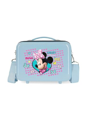 Maleta infantil azul clara con Minnie Mouse llevando un lazo rosa con lunares, rodeada de corazones rosas y textos positivos.