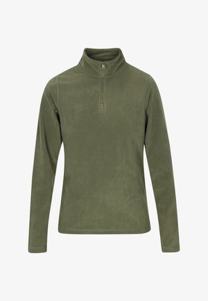 Zelený fleecový svetr s límcem na zip, dlouhými rukávy, hladkým povrchem a plochými švy. Jednoduchý, funkční design bez vzorů.