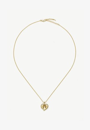 Λεπτό χρυσό κολιέ με γυαλιστερό, αφηρημένο μενταγιόν σε σχήμα καρδιάς που κρέμεται στο κέντρο πάνω σε άσπρο φόντο.