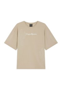 Camiseta de algodón beige de manga corta, con contornos de cactus blancos y texto "Projectparis" en una fuente informal. Diseño clásico de cuello redondo.
