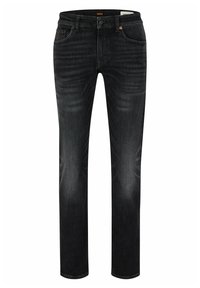 Jeans in denim nero con un design a gamba dritta, leggeri effetti di usura, dettagli di cucitura arancione e stile classico a cinque tasche.