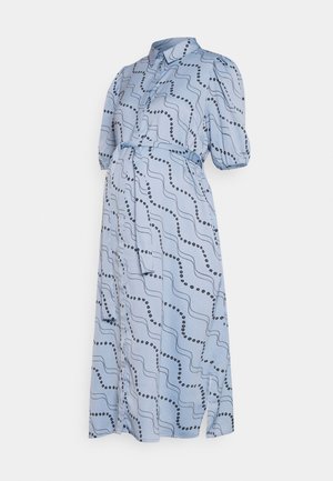 Light blue midi dress with short puff sleeves, black wavy and dotted pattern, button-up front, collar, and matching fabric belt at waist.