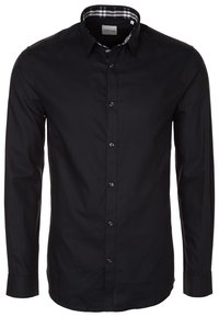 Black long-sleeve button-up shirt with pointed collar and white checkered pattern inside the collar lining.