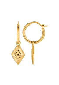 Orecchini a cerchio in tono oro con un pendente a forma di diamante, caratterizzato da un taglio centrale e dettagli perlacei lungo il bordo.