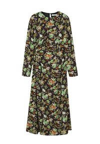 Dlouhá černá šaty s květinovým vzorem v zelené, oranžové a bílé barvě. Vyrobeno z lehkého materiálu, má dlouhé rukávy a kulatý výstřih.
