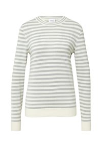 Maglione a righe grigio chiaro e crema con scollatura rotonda, maniche lunghe e polsini e orlo a costine. Realizzato in un tessuto morbido e leggero.