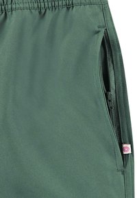Grønne polyester-sjorts med elastisk midjebånd og glidelås-lommer på siden. Inkluderer en liten etikett med et sirkulært logo på siden.