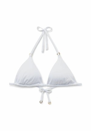Weißes Bikini-Oberteil in Dreiecksform mit Neckholder und Rückenbändern, goldene Ringakzente an den Trägern, auf weißem Hintergrund präsentiert.