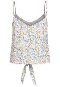 Kvetovaný vrchný diel na ramienka so špagetovými ramienkami, ktorý má svetlomodré pozadie, žlté a ružové kvety a zaväzovací detail na okraji.