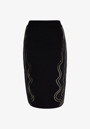 Black skirt featuring wavy metallic accents in silver and gold. Made of a textured fabric with a fitted silhouette and elastic waistband.
