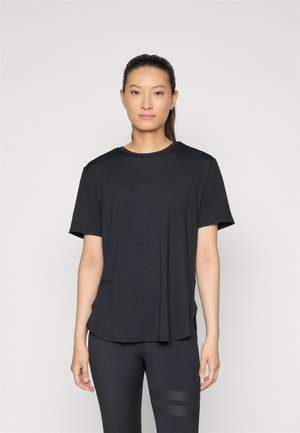 Black short-sleeve t-shirt with a round neckline and a relaxed fit, made of soft fabric. Smooth texture, subtle logo detail on the front.