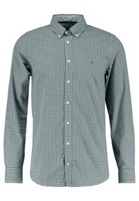 Groen en wit geruit overhemd met lange mouwen, kraag en een voorknopsluiting met witte knopen. Klein logo op de linkerborst.