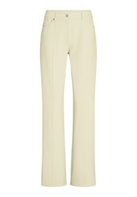 Pantalones de pierna ancha de color amarillo claro con una textura suave. Incluyen bolsillos frontales y un cierre de botón metálico. Costuras rectas a lo largo del frente.