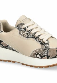 Sneaker beige con motivo testurizzato in finta pelle di serpente sui lati, lacci crema, suola ammortizzata e dettaglio del logo sulla linguetta.