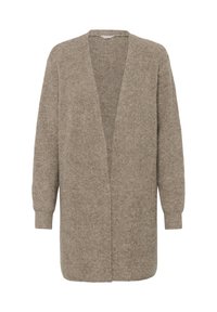 Cardigan long beige en tricot avec devant ouvert, poignets côtelés et tissu doux au toucher, présenté sur un fond blanc.