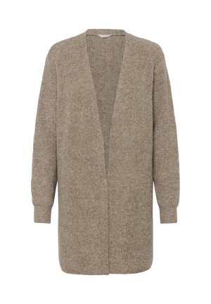 Beige, long knit cardigan with open front, ribbed cuffs, and soft textured fabric, displayed on a white background.
