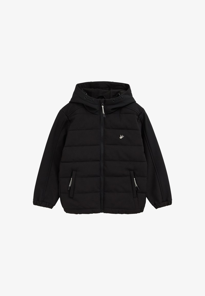 Veste noire matelassée avec capuche, fermeture éclair devant, poignets élastiques, deux poches zippées et petit logo blanc brodé sur la poitrine.