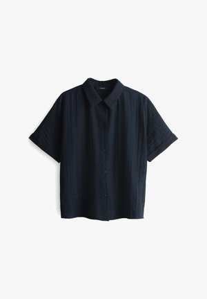 Short-sleeve button-up shirt in dark navy, featuring a textured fabric with a subtle pattern and collar, and blue buttons down the front.