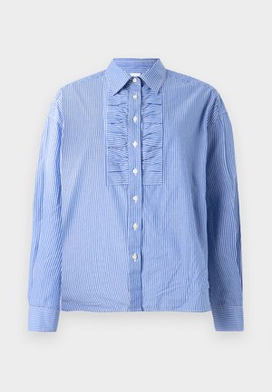 Blue and white striped long-sleeve shirt with a ruffled front panel and button closure. Made from lightweight fabric, features a classic collar.