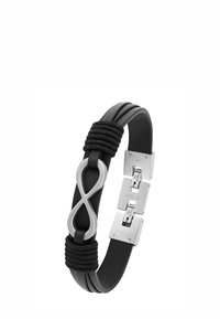 Pulsera de cuero negro con cordón trenzado entrelazado, cierre de símbolo de infinito metálico y acentos plateados. Presenta un diseño de cierre ajustable.