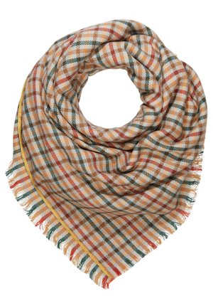 Écharpe douce tissée avec un motif à carreaux dans des tons beige, rouge, vert et orange, avec des bords frangés et une bordure jaune cousue.
